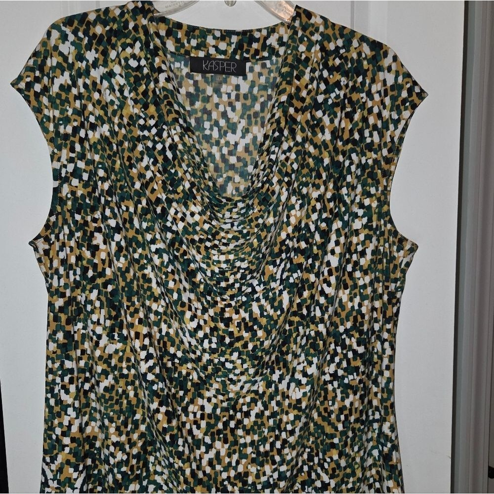 Kasper Green Gold Multi Print Stretch Sleeveless Blouse Tank Top - Picture 3 of 9
